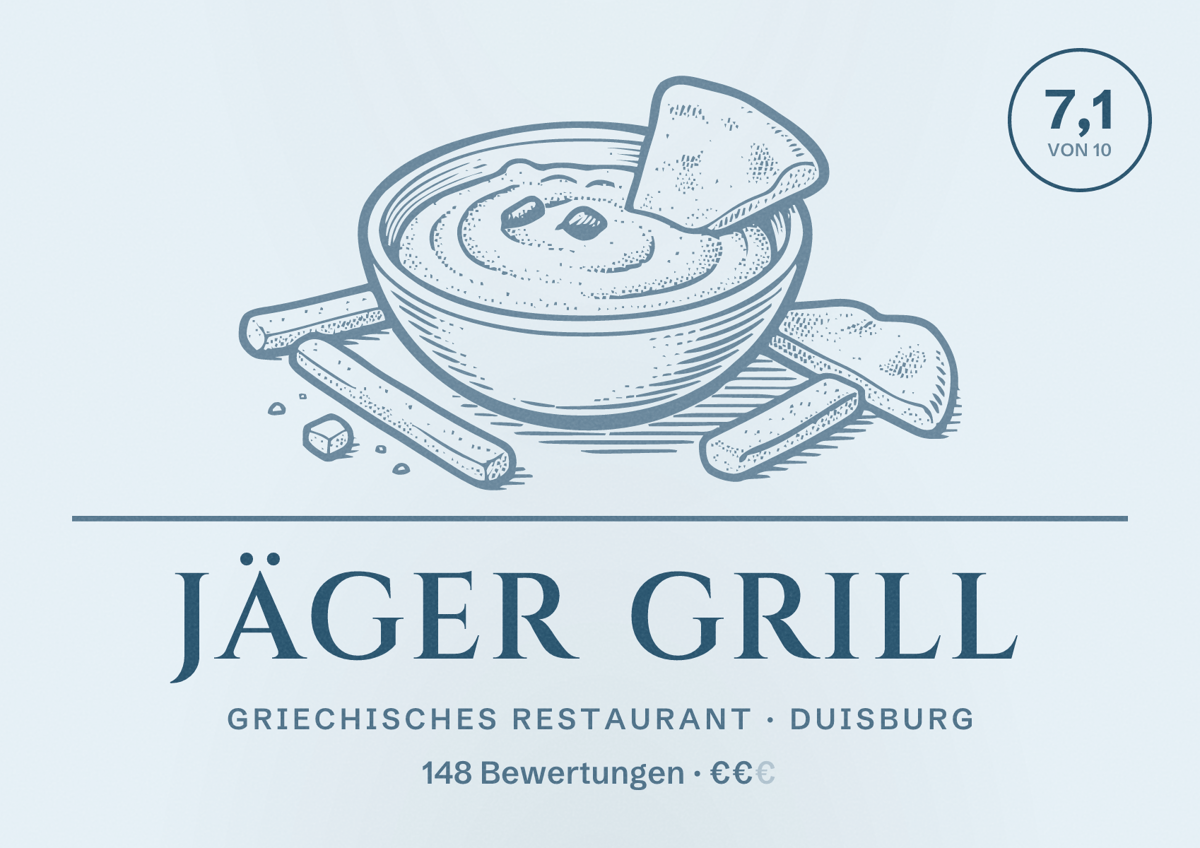 Illustriertes Poster von Jäger Grill, Griechisches Restaurant in Duisburg: Bewertung 7,1 von 10 aus 148 Bewertungen, Preisniveau €€