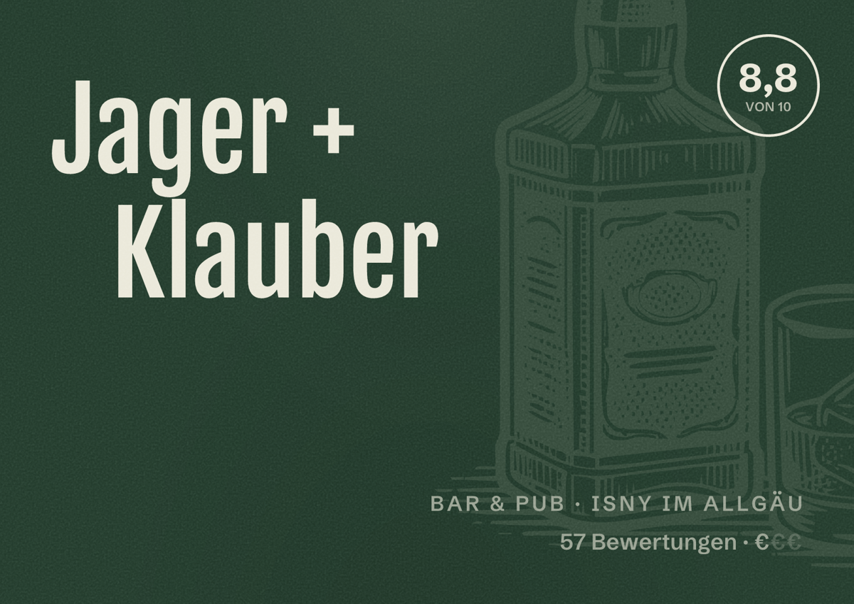 Illustriertes Poster von Jager + Klauber, Bar & Pub in Isny im Allgäu: Bewertung 8,8 von 10 aus 57 Bewertungen, Preisniveau €