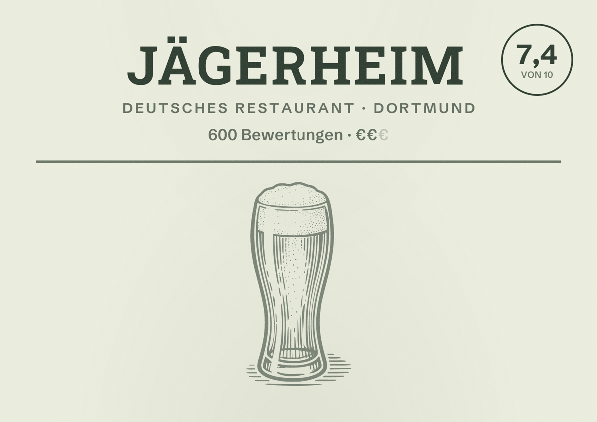 Illustriertes Poster von Jägerheim, Deutsches Restaurant in Dortmund: Bewertung 7,4 von 10 aus 600 Bewertungen, Preisniveau €€