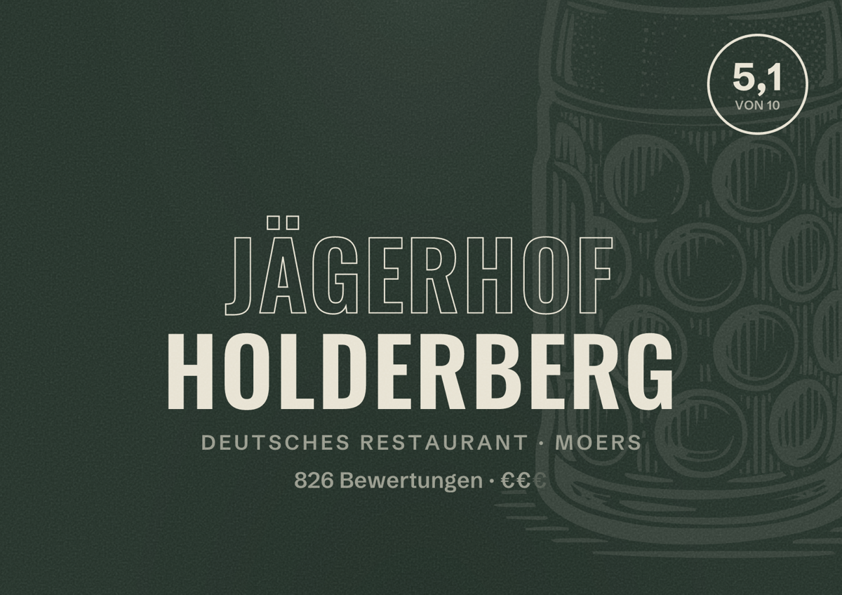 Illustriertes Poster von Jägerhof Holderberg, Deutsches Restaurant in Moers: Bewertung 5,1 von 10 aus 826 Bewertungen, Preisniveau €€