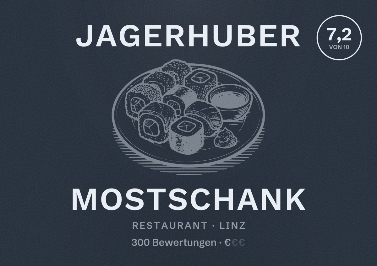 Illustriertes Poster von Jagerhuber Mostschank, Restaurant in Linz: Bewertung 7,2 von 10 aus 300 Bewertungen, Preisniveau €