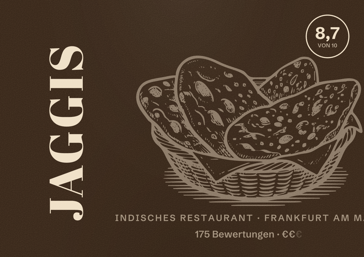 Illustriertes Poster von Jaggis, Indisches Restaurant in Frankfurt am Main: Bewertung 8,7 von 10 aus 175 Bewertungen, Preisniveau €€