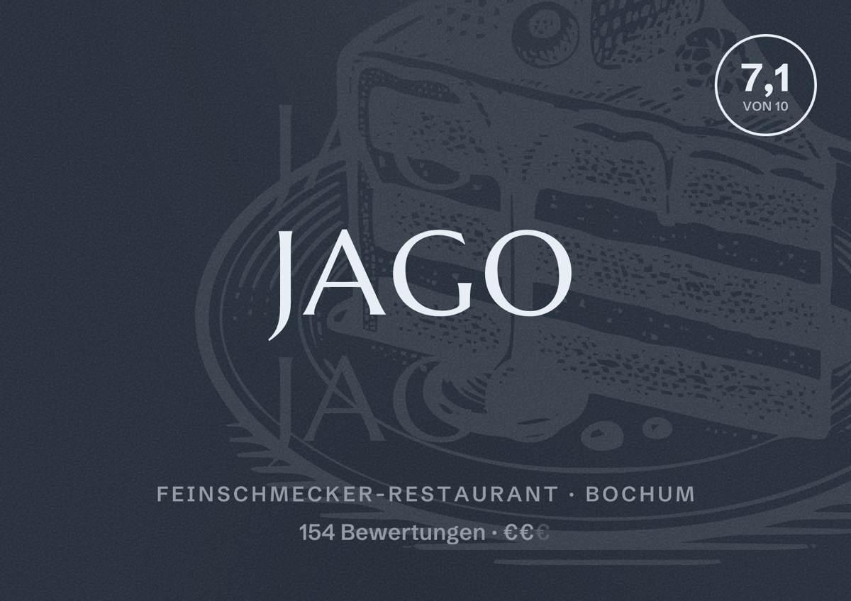 Illustriertes Poster von Jago, Feinschmecker-Restaurant in Bochum: Gästebewertung 7,1 von 10 aus 154 Bewertungen