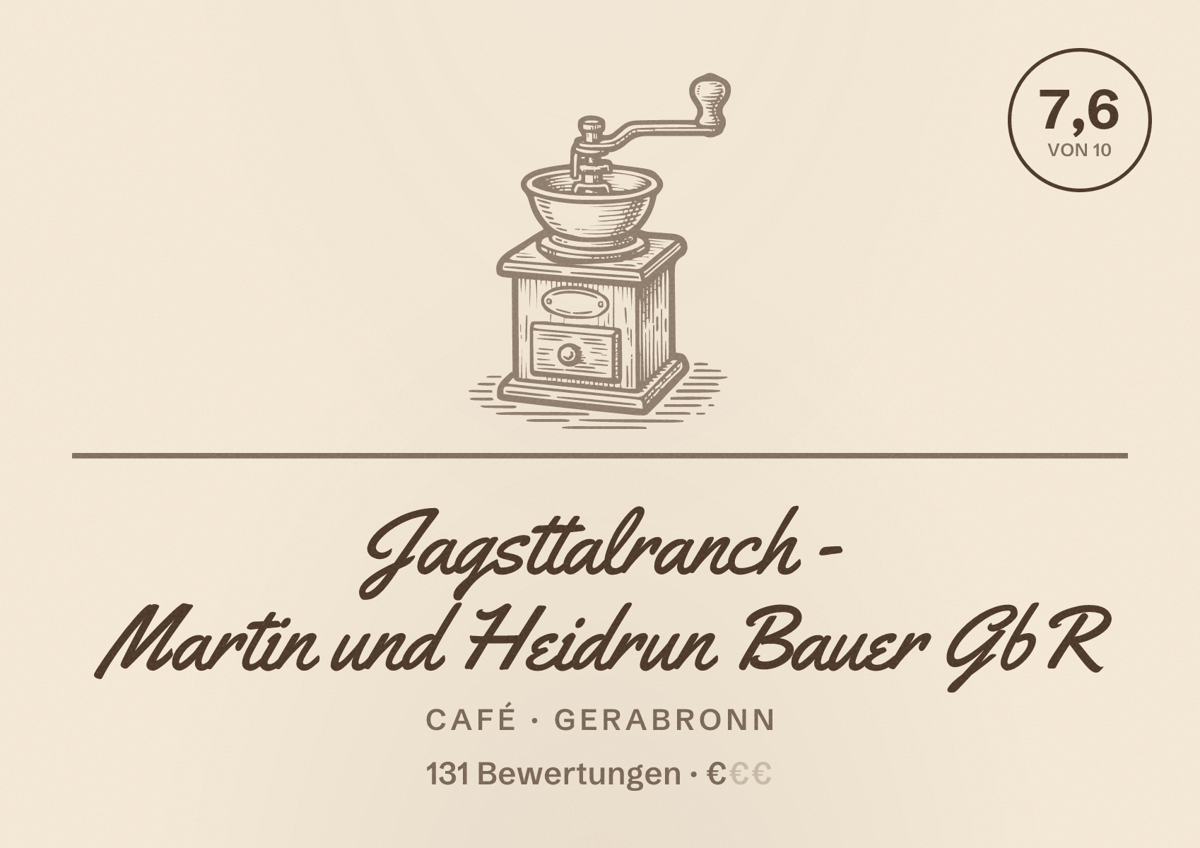 Illustriertes Poster von Jagsttalranch - Martin und Heidrun Bauer GbR, Café in Gerabronn: Bewertung 7,6 von 10 aus 131 Bewertungen, Preisniveau €