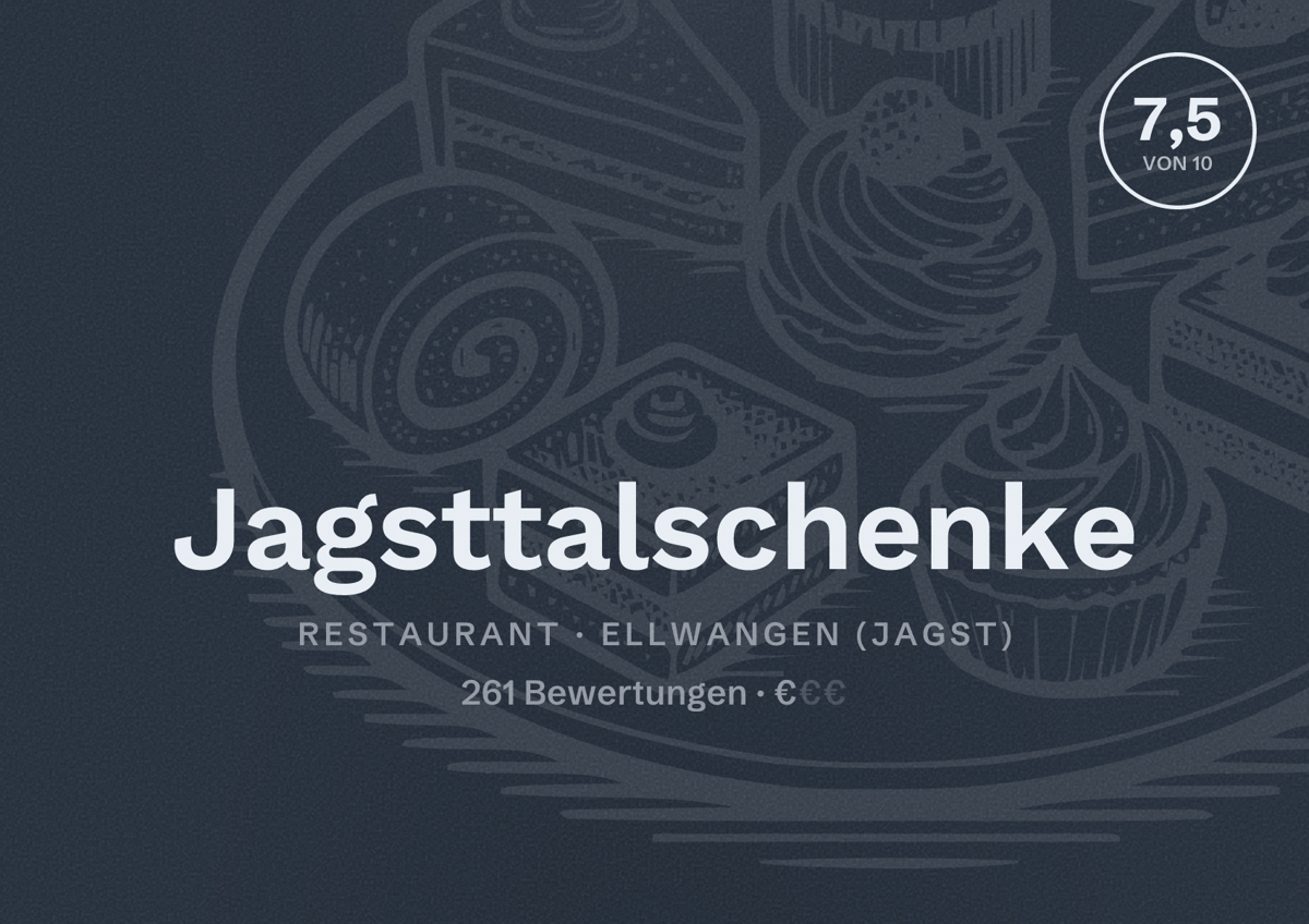 Illustriertes Poster von Jagsttalschenke, Restaurant in Ellwangen (Jagst): Bewertung 7,5 von 10 aus 261 Bewertungen, Preisniveau €