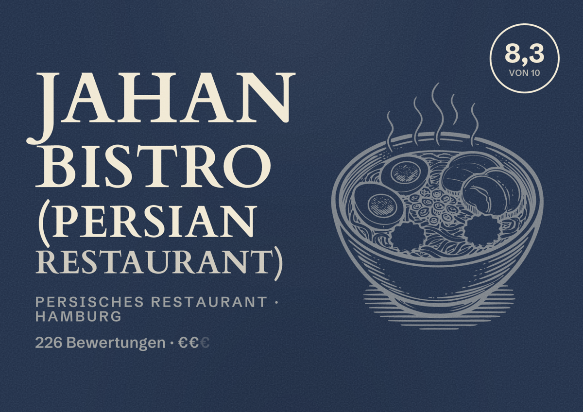 Illustriertes Poster von Jahan Bistro (Persian Restaurant), Persisches Restaurant in Hamburg: Bewertung 8,3 von 10 aus 226 Bewertungen, Preisniveau €€