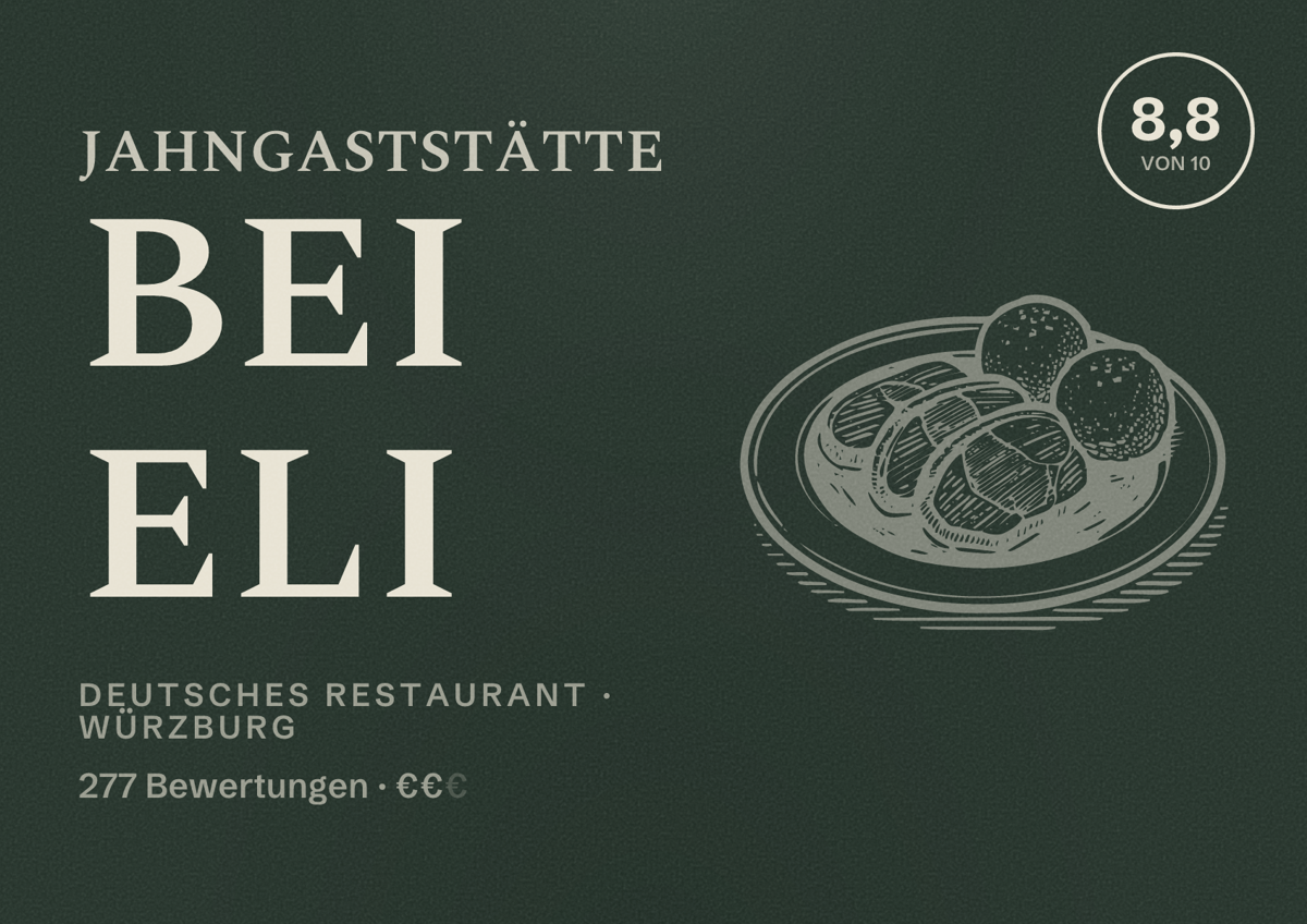 Illustriertes Poster von Jahngaststätte bei Eli, Deutsches Restaurant in Würzburg: Bewertung 8,8 von 10 aus 277 Bewertungen, Preisniveau €€