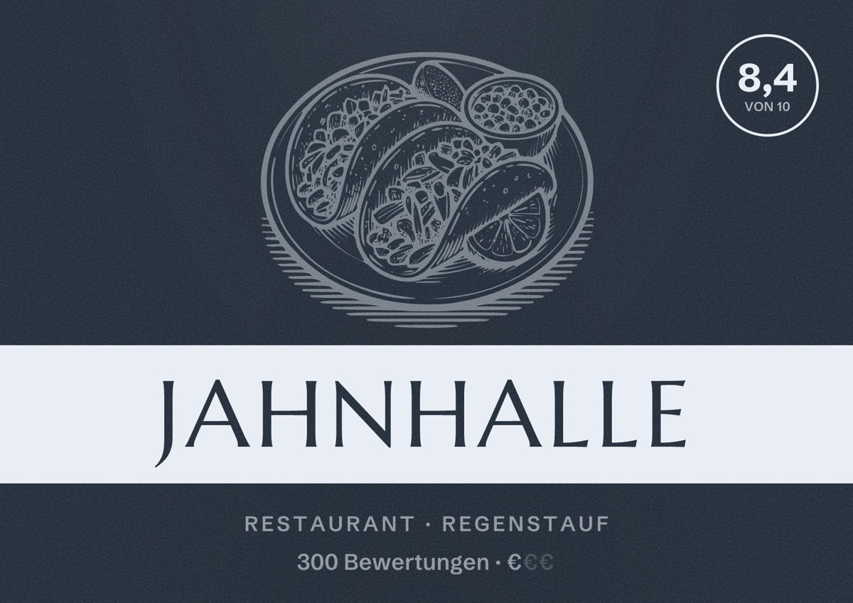 Illustriertes Poster von Jahnhalle, Restaurant in Regenstauf: Bewertung 8,4 von 10 aus 300 Bewertungen, Preisniveau €