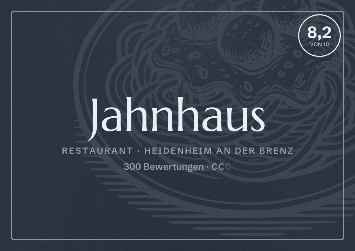 Illustriertes Poster von Jahnhaus, Restaurant in Heidenheim an der Brenz: Bewertung 8,2 von 10 aus 300 Bewertungen, Preisniveau €€