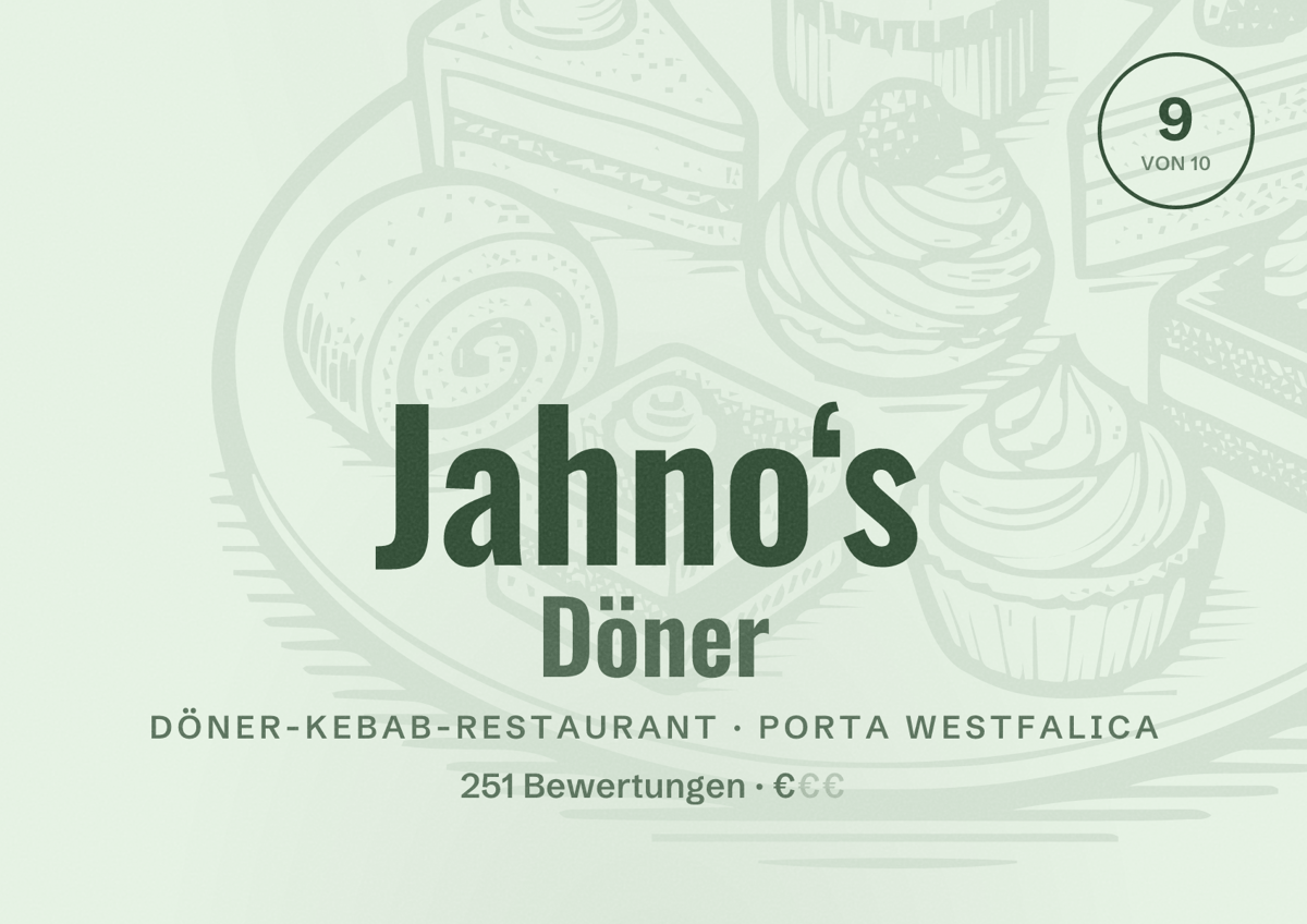 Illustriertes Poster von Jahno‘s Döner, Döner-Kebab-Restaurant in Porta Westfalica: Bewertung 9 von 10 aus 251 Bewertungen, Preisniveau €
