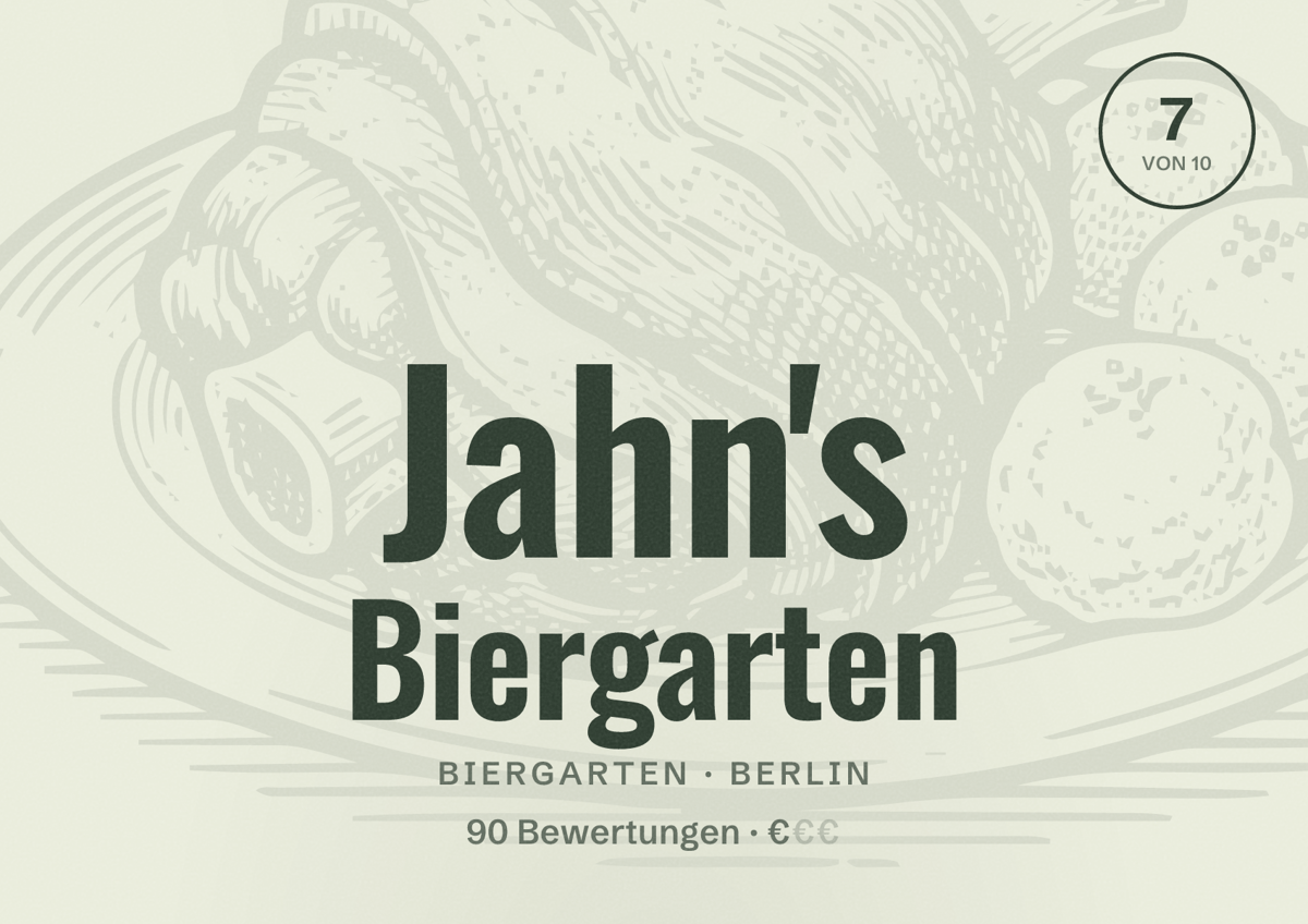 Illustriertes Poster von Jahn's Biergarten, Biergarten in Berlin: Bewertung 7,0 von 10 aus 90 Bewertungen, Preisniveau €