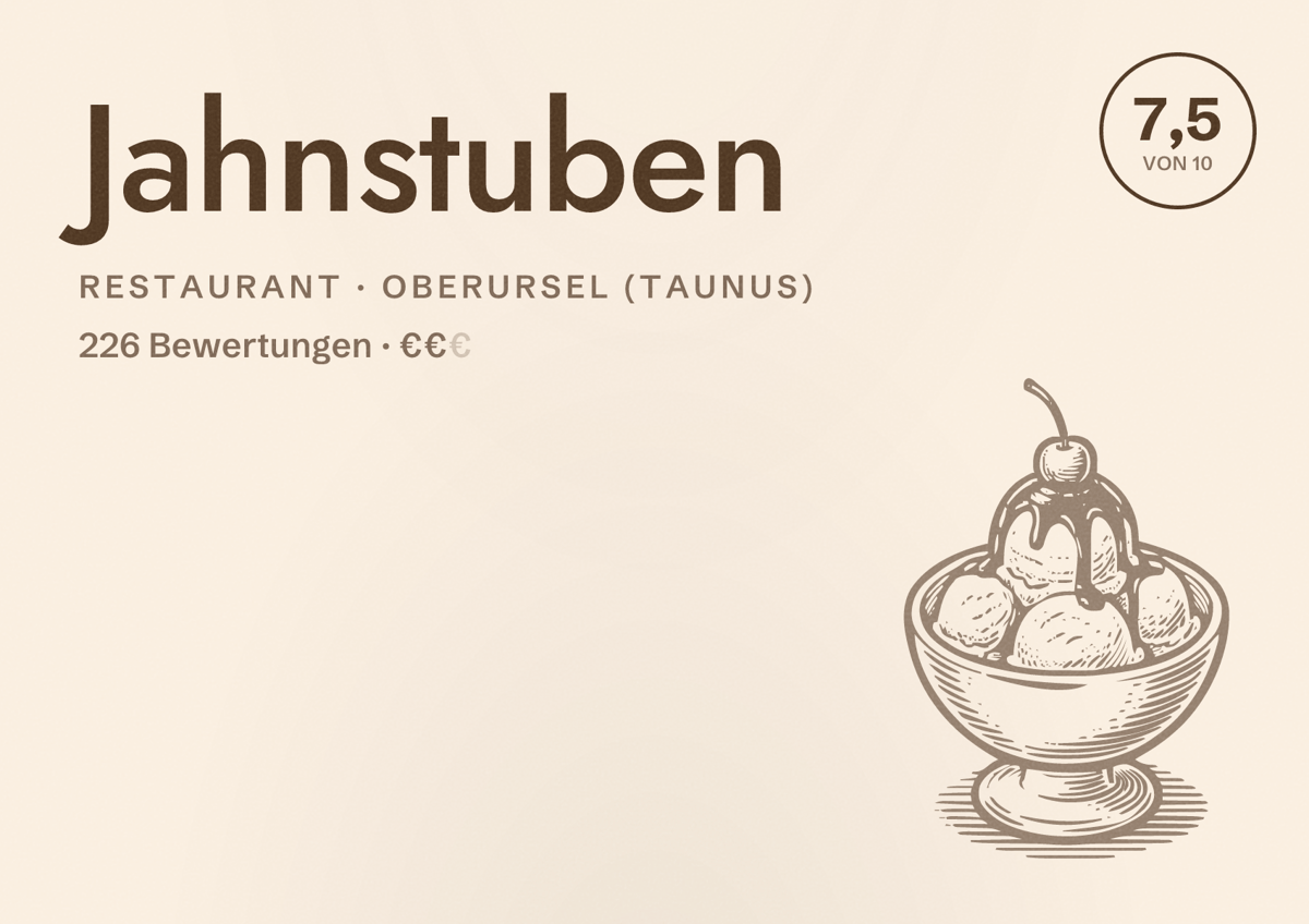Illustriertes Poster von Jahnstuben, Restaurant in Oberursel (Taunus): Bewertung 7,5 von 10 aus 226 Bewertungen, Preisniveau €€