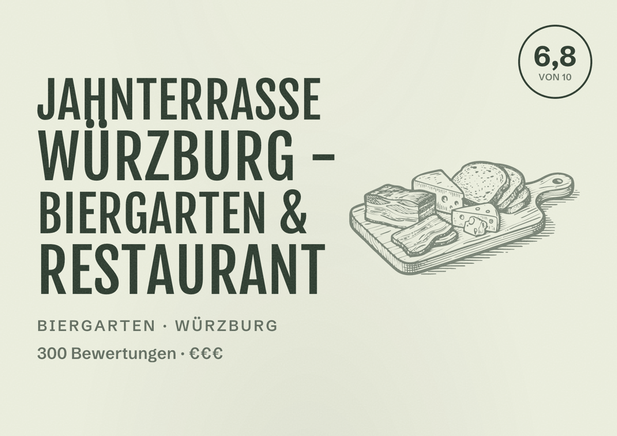 Illustriertes Poster von Jahnterrasse Würzburg - Biergarten & Restaurant, Biergarten in Würzburg: Bewertung 6,8 von 10 aus 300 Bewertungen, Preisniveau €€€