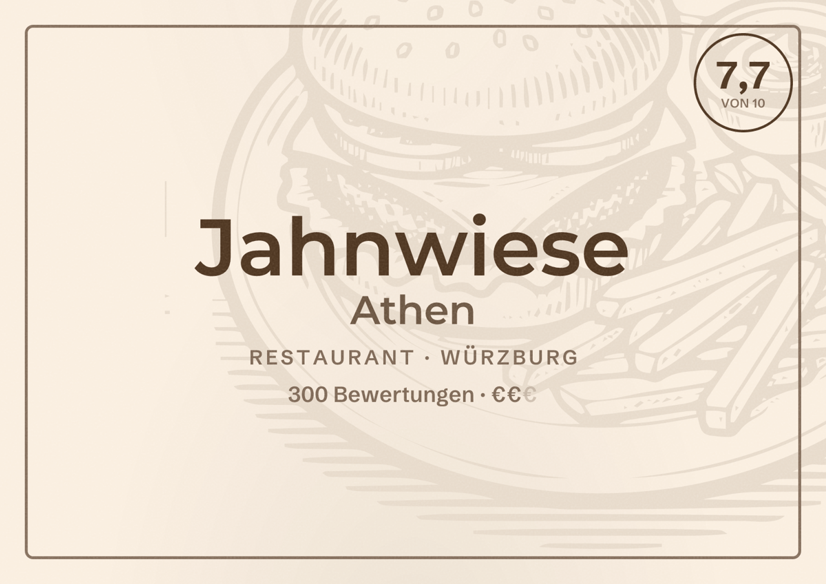 Illustriertes Poster von Jahnwiese Athen, Restaurant in Würzburg: Bewertung 7,7 von 10 aus 300 Bewertungen, Preisniveau €€