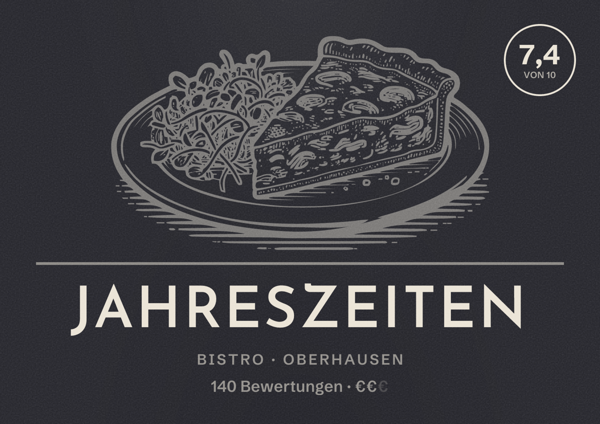 Illustriertes Poster von Jahreszeiten, Bistro in Oberhausen: Bewertung 7,4 von 10 aus 140 Bewertungen, Preisniveau €€