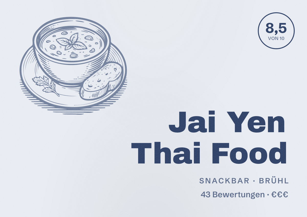 Illustriertes Poster von Jai Yen Thai Food, Snackbar in Brühl: Bewertung 8,5 von 10 aus 43 Bewertungen, Preisniveau €€€