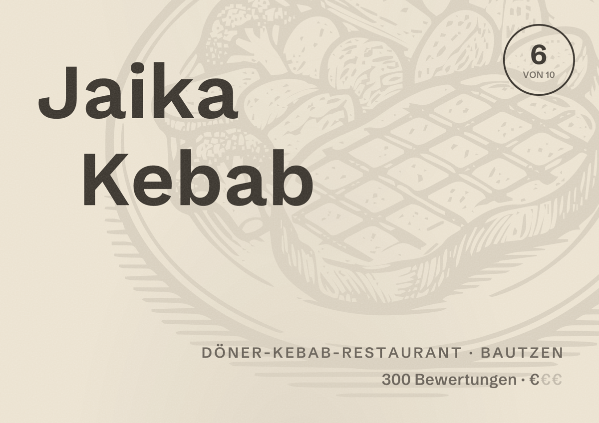 Illustriertes Poster von Jaika Kebab, Döner-Kebab-Restaurant in Bautzen: Bewertung 6 von 10 aus 300 Bewertungen, Preisniveau €