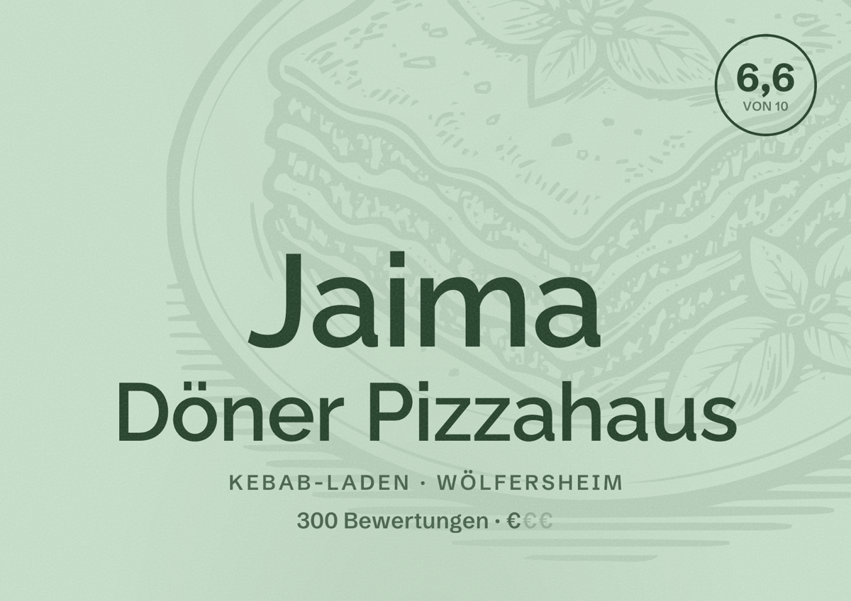Illustriertes Poster von Jaima Döner Pizzahaus, Kebab-Laden in Wölfersheim: Bewertung 6,6 von 10 aus 300 Bewertungen, Preisniveau €