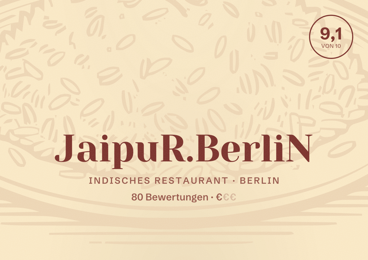 Illustriertes Poster von JaipuR.BerliN, Indisches Restaurant in Berlin: Bewertung 9,1 von 10 aus 80 Bewertungen, Preisniveau €