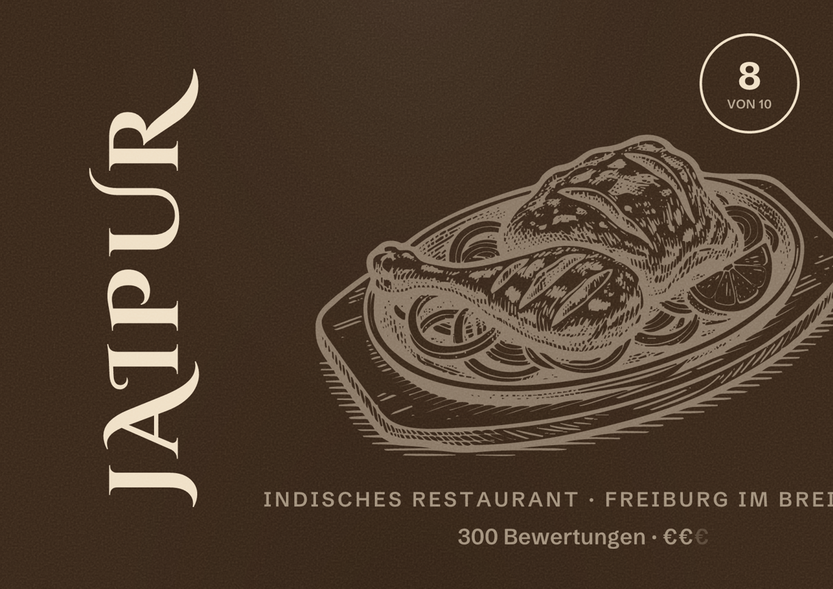 Illustriertes Poster von Jaipur, Indisches Restaurant in Freiburg im Breisgau: Bewertung 8,0 von 10 aus 300 Bewertungen, Preisniveau €€