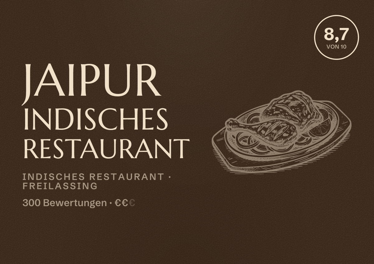 Illustriertes Poster von Jaipur Indisches Restaurant, Indisches Restaurant in Freilassing: Bewertung 8,7 von 10 aus 300 Bewertungen, Preisniveau €€