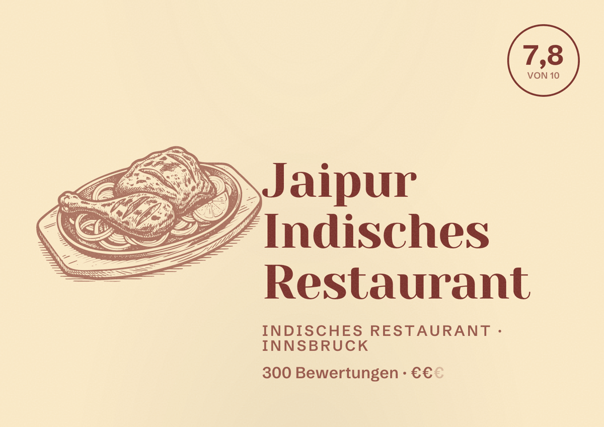 Illustriertes Poster von Jaipur Indisches Restaurant, Indisches Restaurant in Innsbruck: Bewertung 7,8 von 10 aus 300 Bewertungen, Preisniveau €€