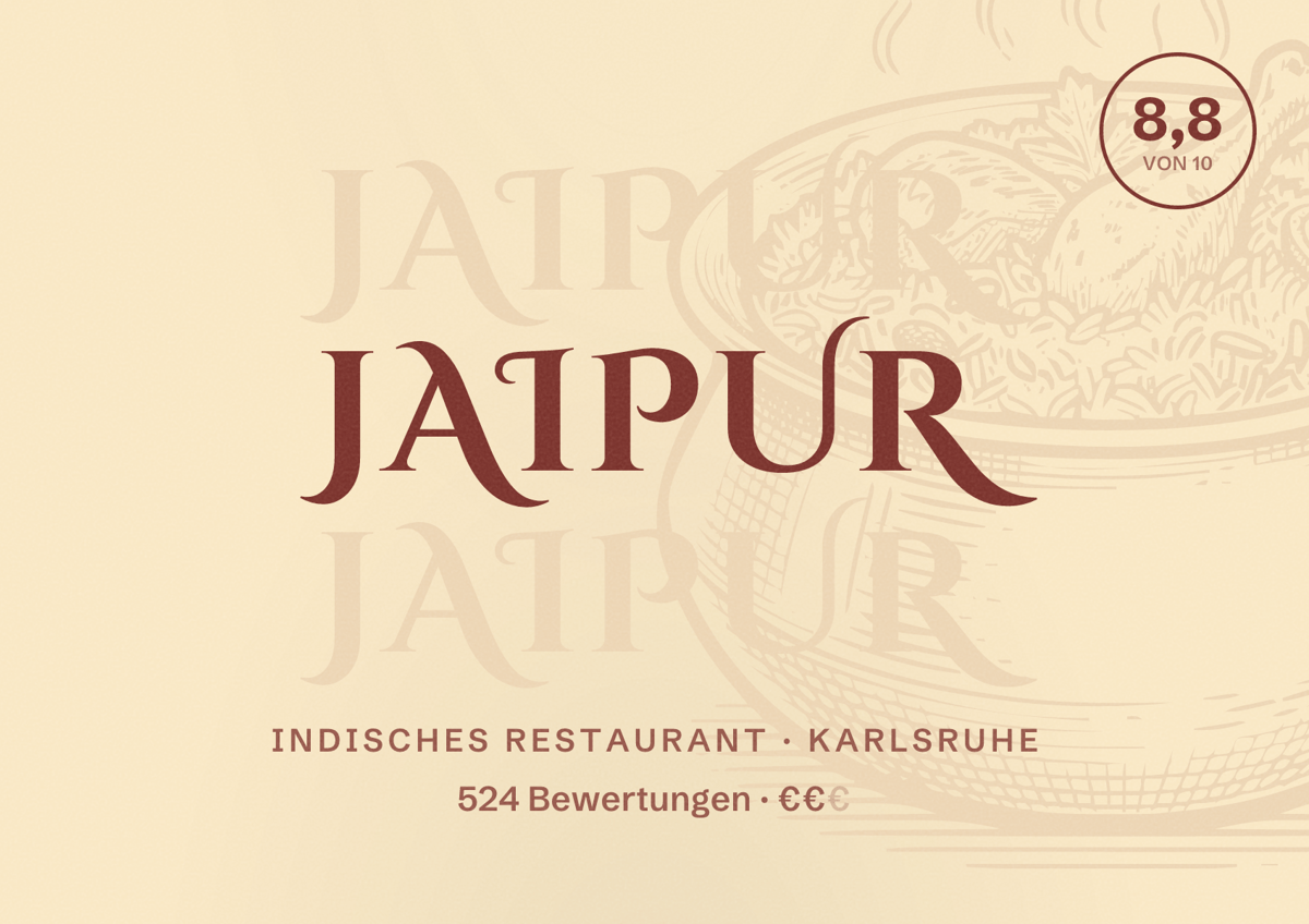 Illustriertes Poster von Jaipur, Indisches Restaurant in Karlsruhe: Bewertung 8,8 von 10 aus 524 Bewertungen, Preisniveau €€