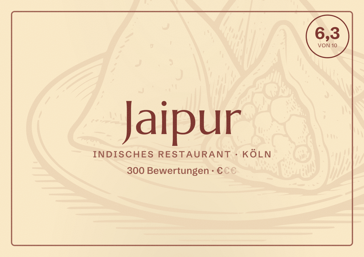 Illustriertes Poster von Jaipur, Indisches Restaurant in Köln: Bewertung 6,3 von 10 aus 300 Bewertungen, Preisniveau €