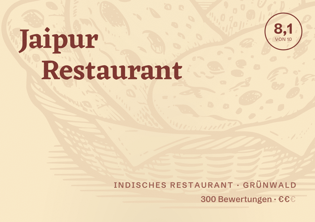 Illustriertes Poster von Jaipur Restaurant, Indisches Restaurant in Grünwald: Bewertung 8,1 von 10 aus 300 Bewertungen, Preisniveau €€