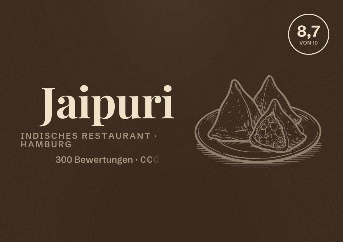 Illustriertes Poster von Jaipuri, Indisches Restaurant in Hamburg: Bewertung 8,7 von 10 aus 300 Bewertungen, Preisniveau €€