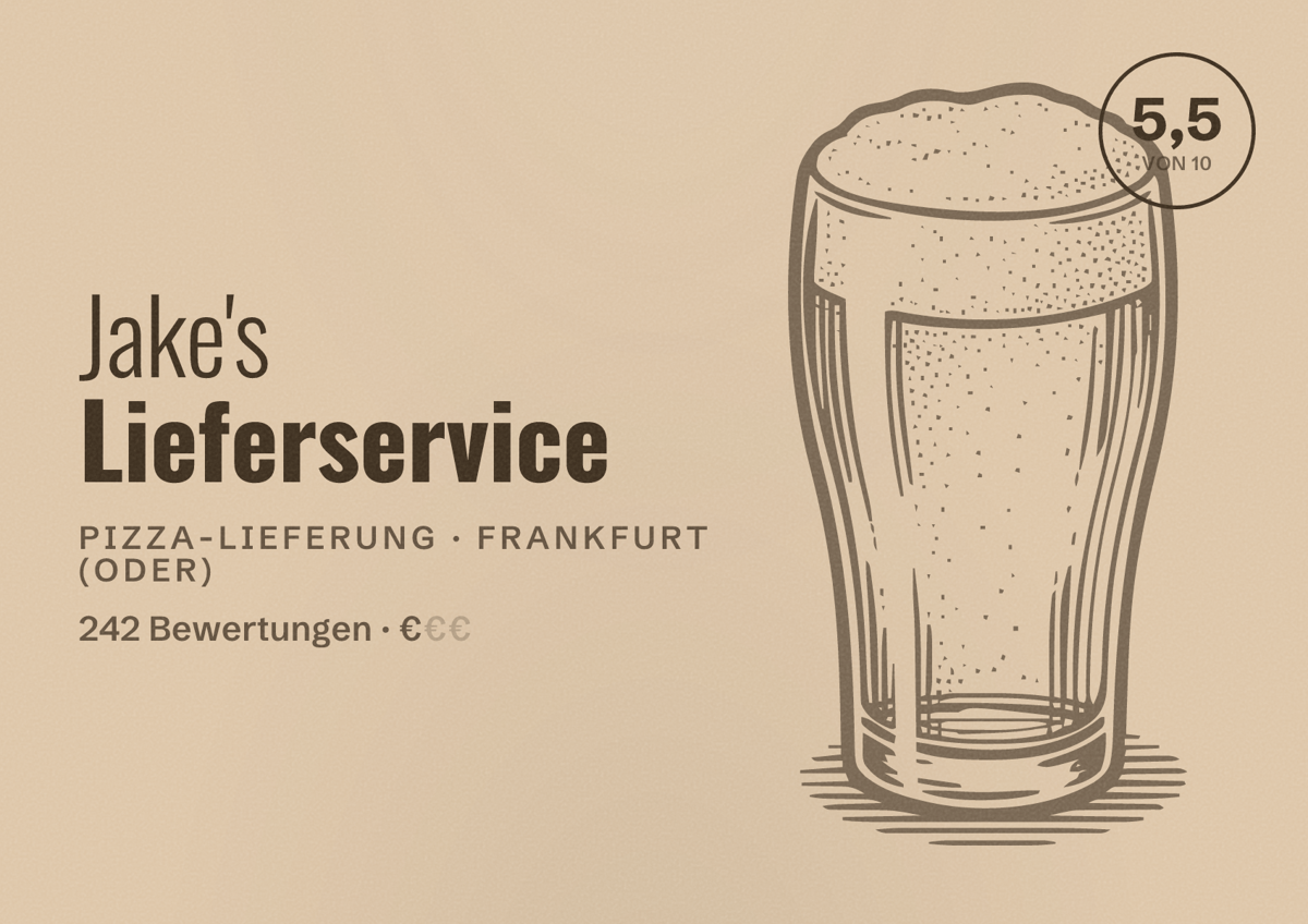 Illustriertes Poster von Jake's Lieferservice, Pizza-Lieferung in Frankfurt (Oder): Bewertung 5,5 von 10 aus 242 Bewertungen, Preisniveau €