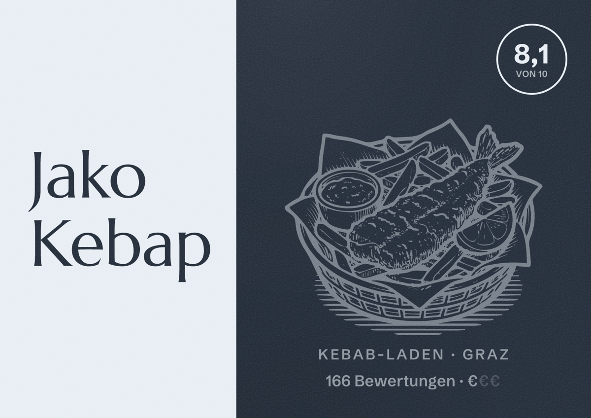 Illustriertes Poster von Jako Kebap, Kebab-Laden in Graz: Bewertung 8,1 von 10 aus 166 Bewertungen, Preisniveau €