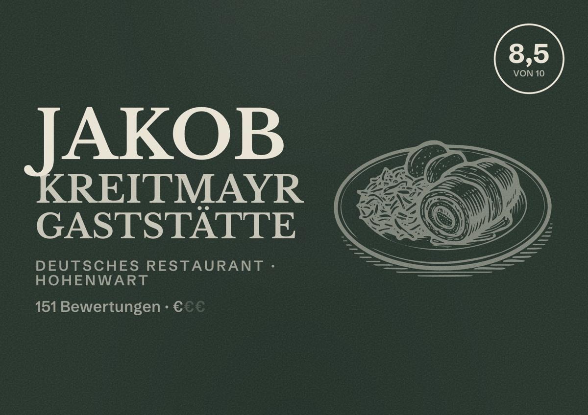 Illustriertes Poster von Jakob Kreitmayr Gaststätte, Deutsches Restaurant in Hohenwart: Bewertung 8,5 von 10 aus 151 Bewertungen, Preisniveau €