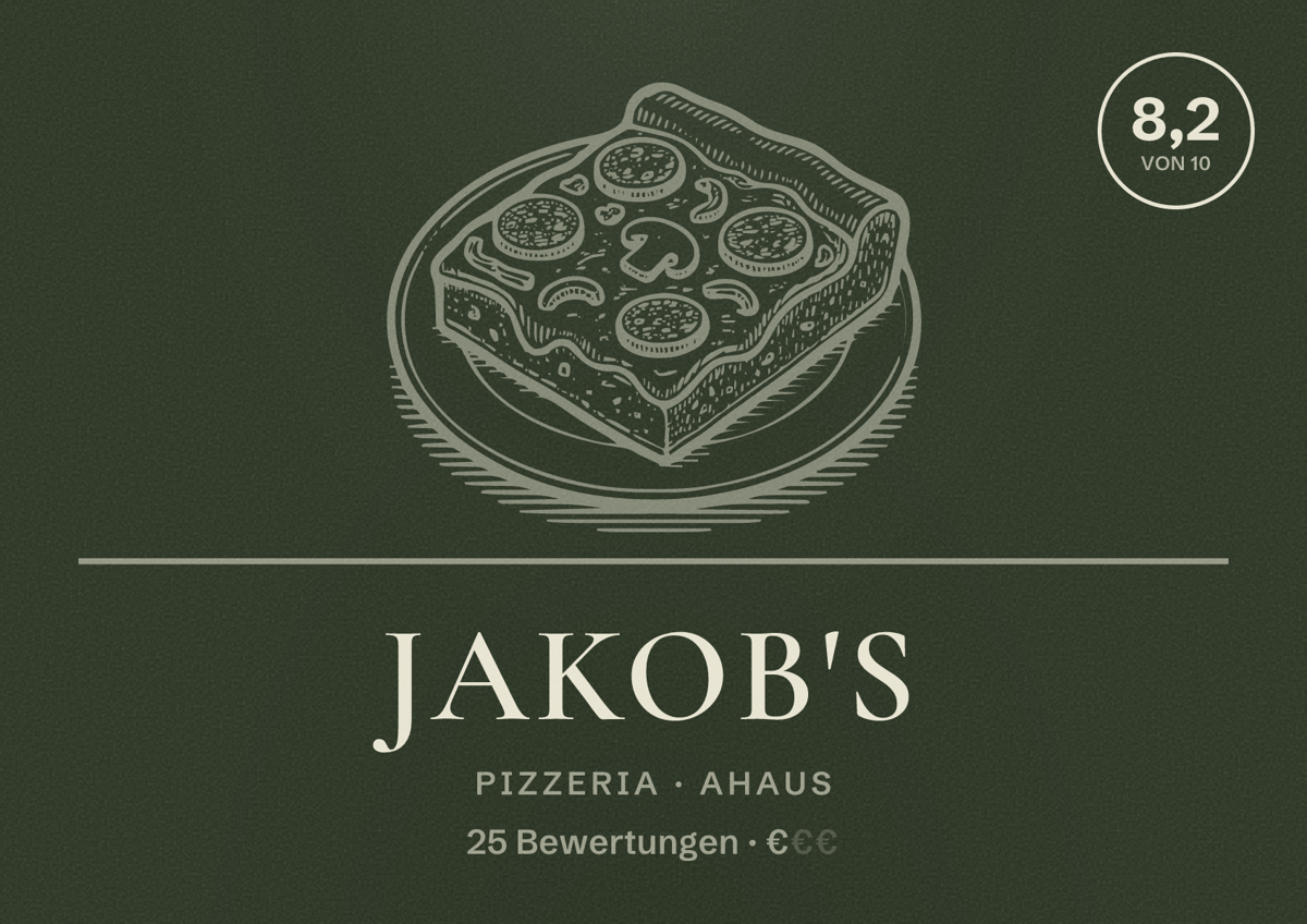Illustriertes Poster von Jakob's, Pizzeria in Ahaus: Bewertung 8,2 von 10 aus 25 Bewertungen, Preisniveau €