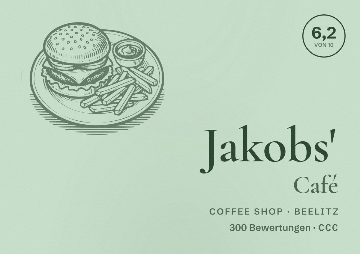 Illustriertes Poster von Jakobs' Café, Coffee Shop in Beelitz: Bewertung 6,2 von 10 aus 300 Bewertungen, Preisniveau €€€
