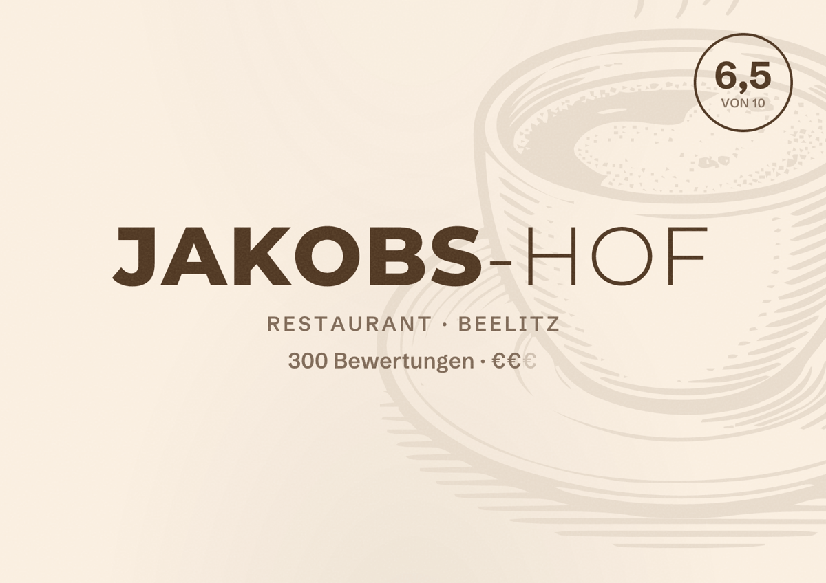Illustriertes Poster von Jakobs-Hof, Restaurant in Beelitz: Bewertung 6,5 von 10 aus 300 Bewertungen, Preisniveau €€