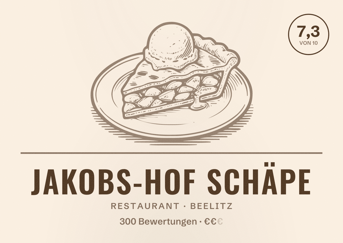 Illustriertes Poster von Jakobs-Hof Schäpe, Restaurant in Beelitz: Bewertung 7,3 von 10 aus 300 Bewertungen, Preisniveau €€