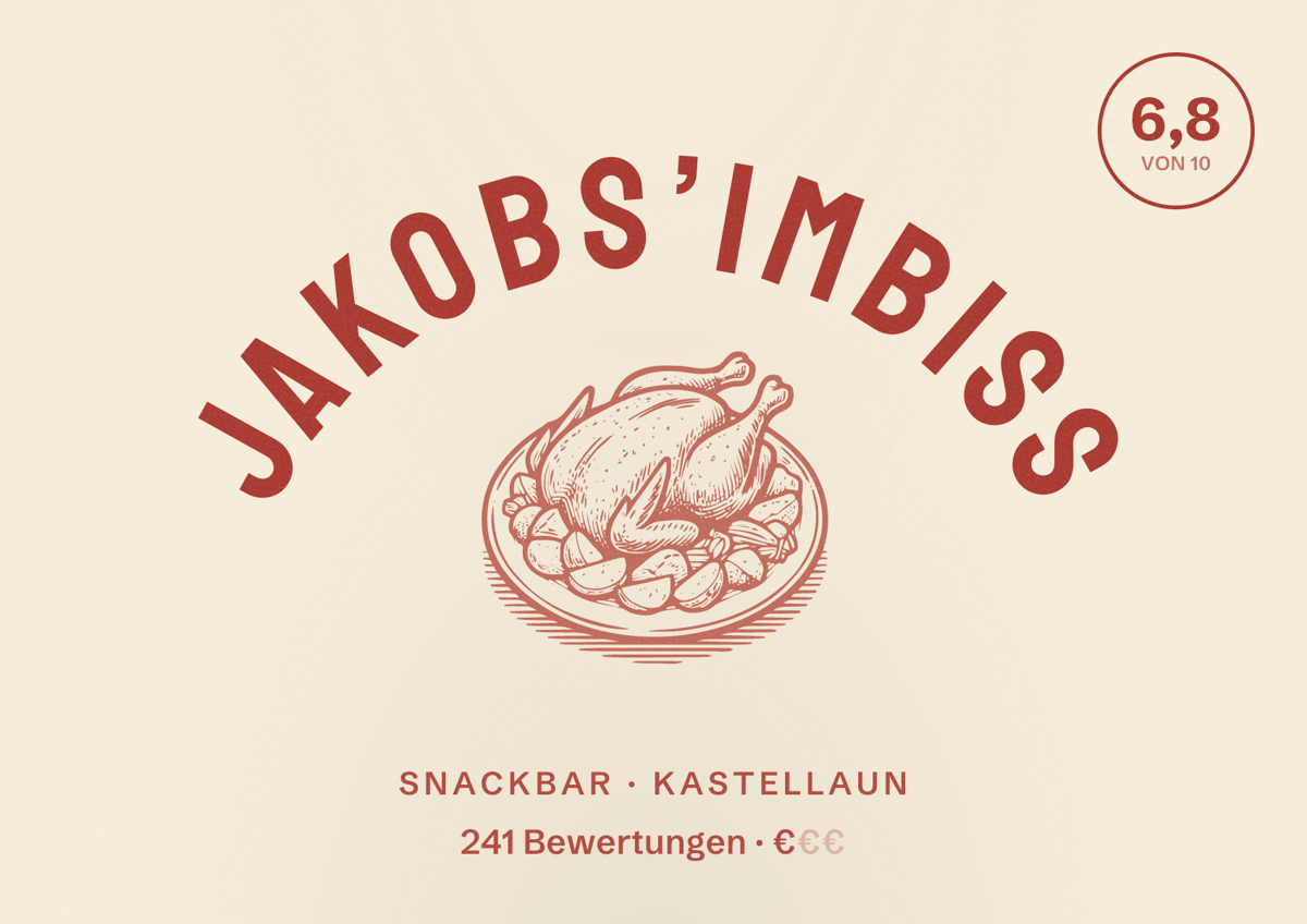 Illustriertes Poster von Jakobs’Imbiss, Snackbar in Kastellaun: Bewertung 6,8 von 10 aus 241 Bewertungen, Preisniveau €