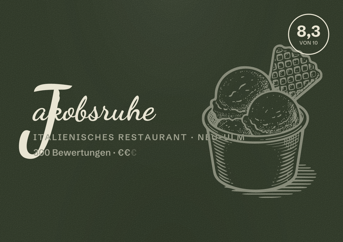 Illustriertes Poster von Jakobsruhe, Italienisches Restaurant in Neu-Ulm: Bewertung 8,3 von 10 aus 300 Bewertungen, Preisniveau €€