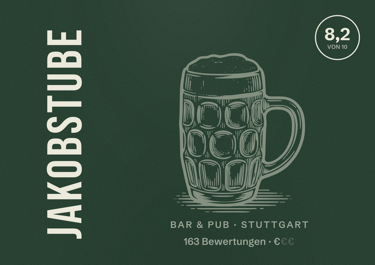 Illustriertes Poster von Jakobstube, Bar & Pub in Stuttgart: Bewertung 8,2 von 10 aus 163 Bewertungen, Preisniveau €