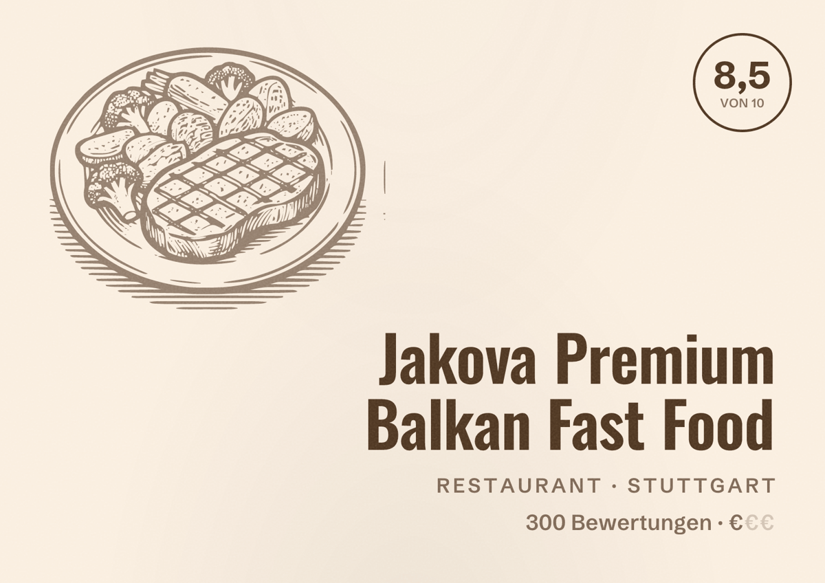 Illustriertes Poster von Jakova Premium Balkan Fast Food, Restaurant in Stuttgart: Bewertung 8,5 von 10 aus 300 Bewertungen, Preisniveau €
