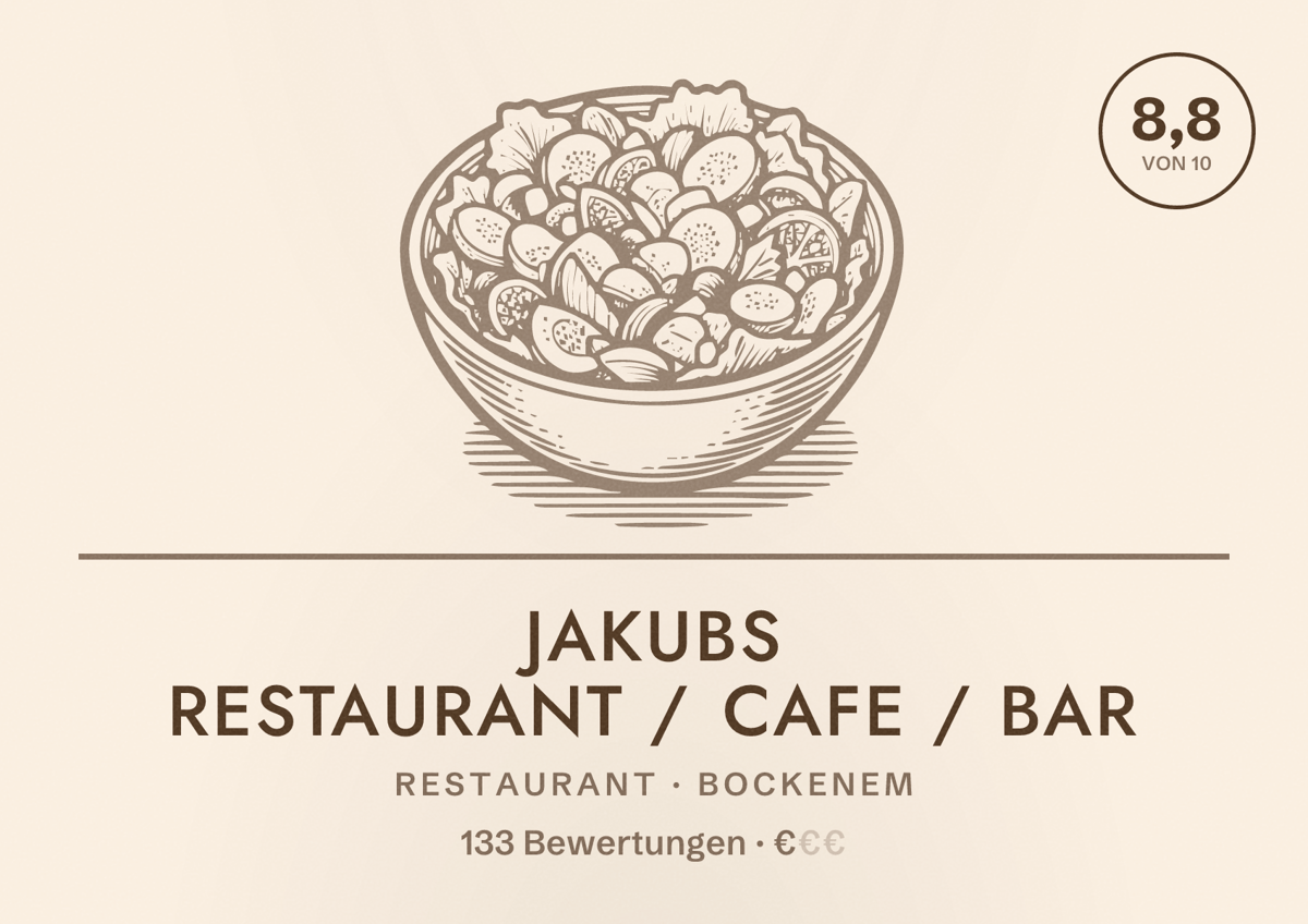 Illustriertes Poster von Jakubs Restaurant / Cafe / Bar, Restaurant in Bockenem: Bewertung 8,8 von 10 aus 133 Bewertungen, Preisniveau €