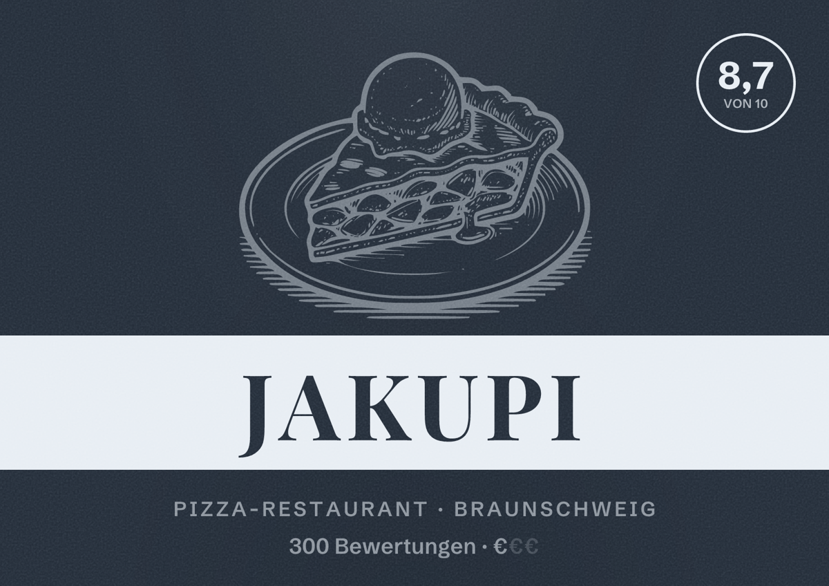 Illustriertes Poster von Jakupi, Pizza-Restaurant in Braunschweig: Bewertung 8,7 von 10 aus 300 Bewertungen, Preisniveau €