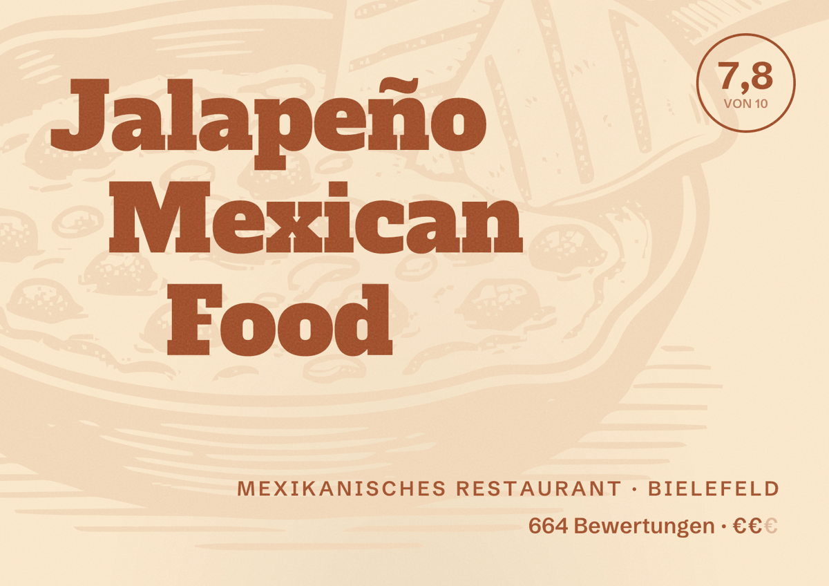 Illustriertes Poster von Jalapeño Mexican Food, Mexikanisches Restaurant in Bielefeld: Bewertung 7,8 von 10 aus 664 Bewertungen, Preisniveau €€