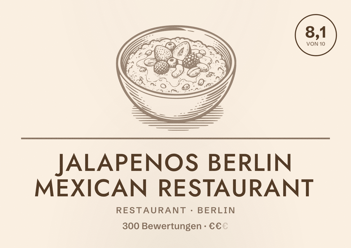 Illustriertes Poster von Jalapenos Berlin Mexican Restaurant, Restaurant in Berlin: Bewertung 8,1 von 10 aus 300 Bewertungen, Preisniveau €€