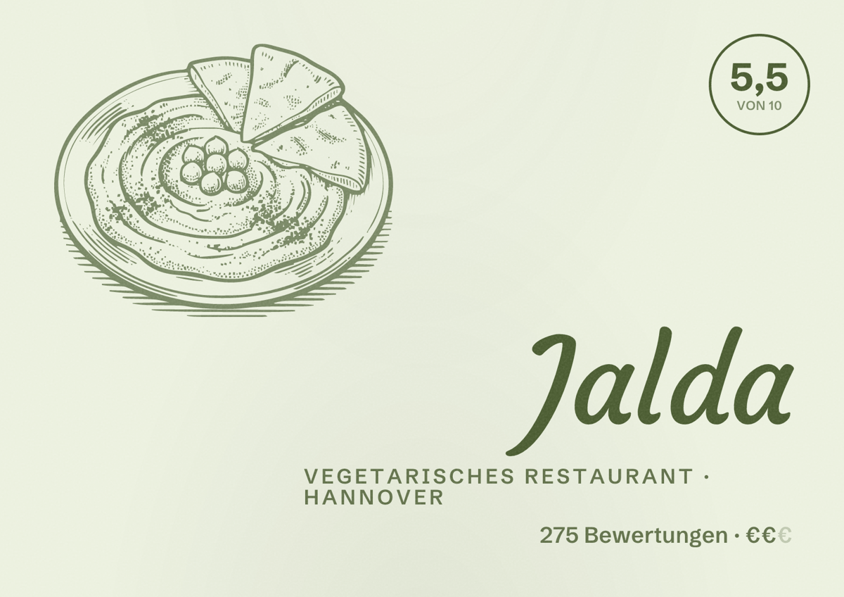 Illustriertes Poster von Jalda, Vegetarisches Restaurant in Hannover: Bewertung 5,5 von 10 aus 275 Bewertungen, Preisniveau €€