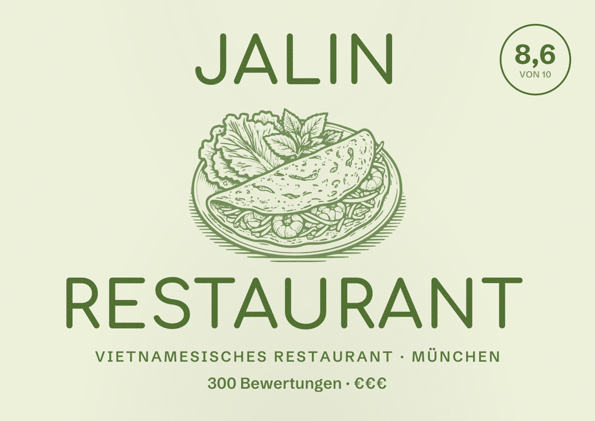 Illustriertes Poster von Jalin Restaurant, Vietnamesisches Restaurant in München: Bewertung 8,6 von 10 aus 300 Bewertungen, Preisniveau €€€