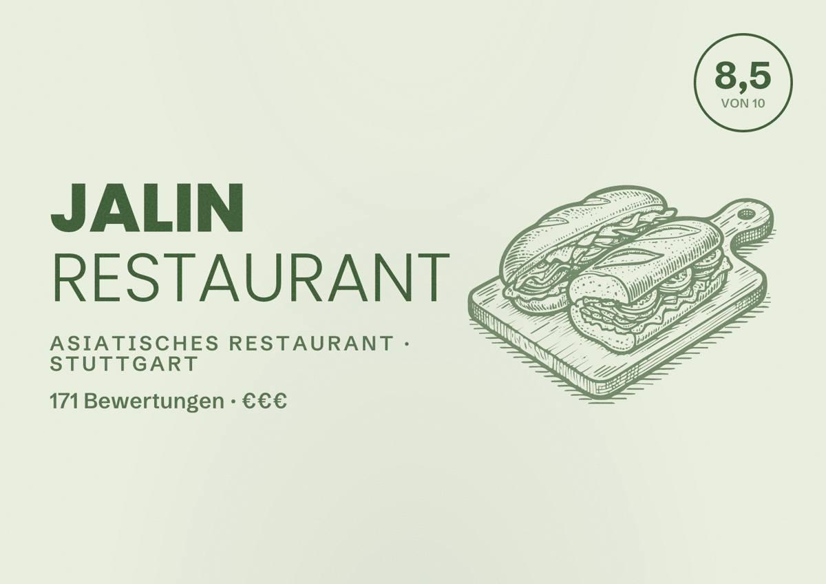 Illustriertes Poster von JALIN RESTAURANT, Asiatisches Restaurant in Stuttgart: Bewertung 8,5 von 10 aus 171 Bewertungen, Preisniveau €€€
