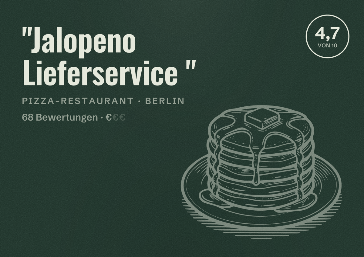Illustriertes Poster von "Jalopeno Lieferservice ", Pizza-Restaurant in Berlin: Bewertung 4,7 von 10 aus 68 Bewertungen, Preisniveau €