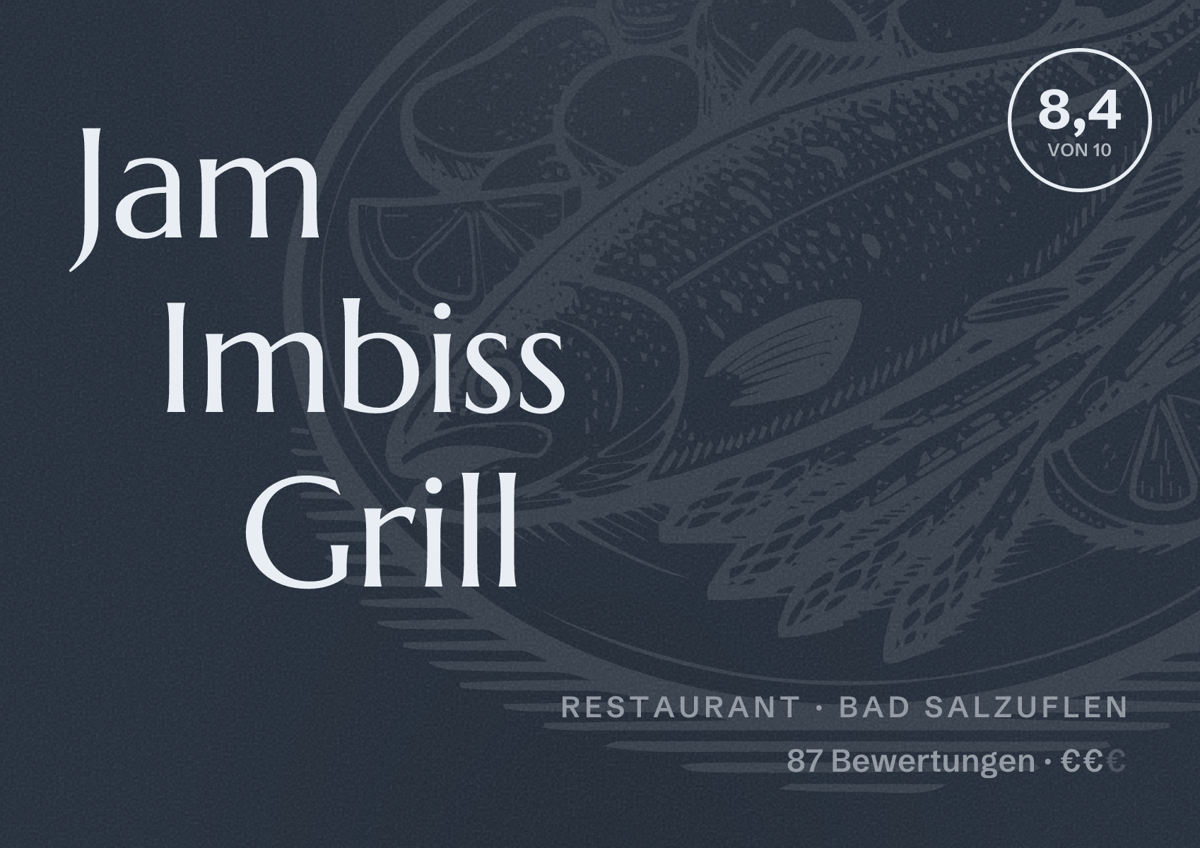 Illustriertes Poster von Jam Imbiss Grill, Restaurant in Bad Salzuflen: Bewertung 8,4 von 10 aus 87 Bewertungen, Preisniveau €€